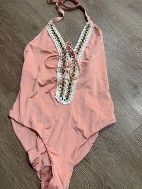 Beach Bunny Peach Crochet-Trim One-Piece Swimsuit